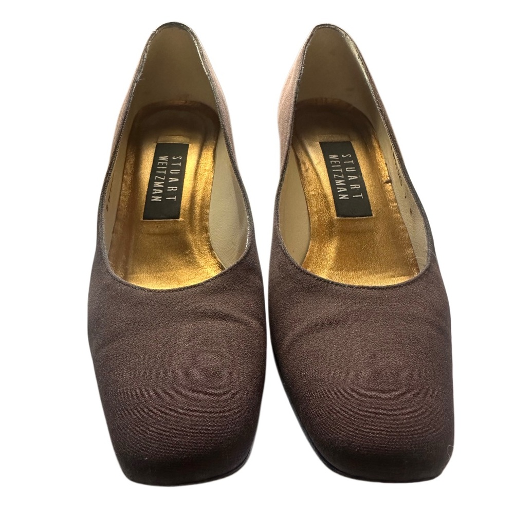 Stuart Weitzman Women’s Block Heel Pumps Brown Fabric Square Toe Size 7